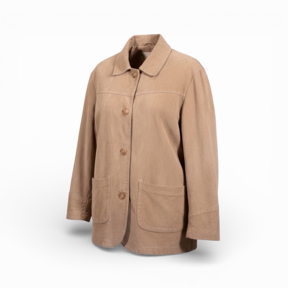 Vintage Tan Suede Button‎ Front Jacket with Pockets Pointed Collar Lined Coat